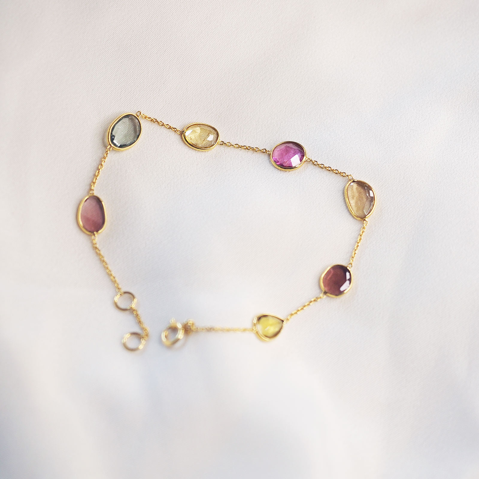 Selling Stormy Dawn: Brazilian Pink Tourmaline and Labradorite Bracelet handcrafted in Golden Vermeil